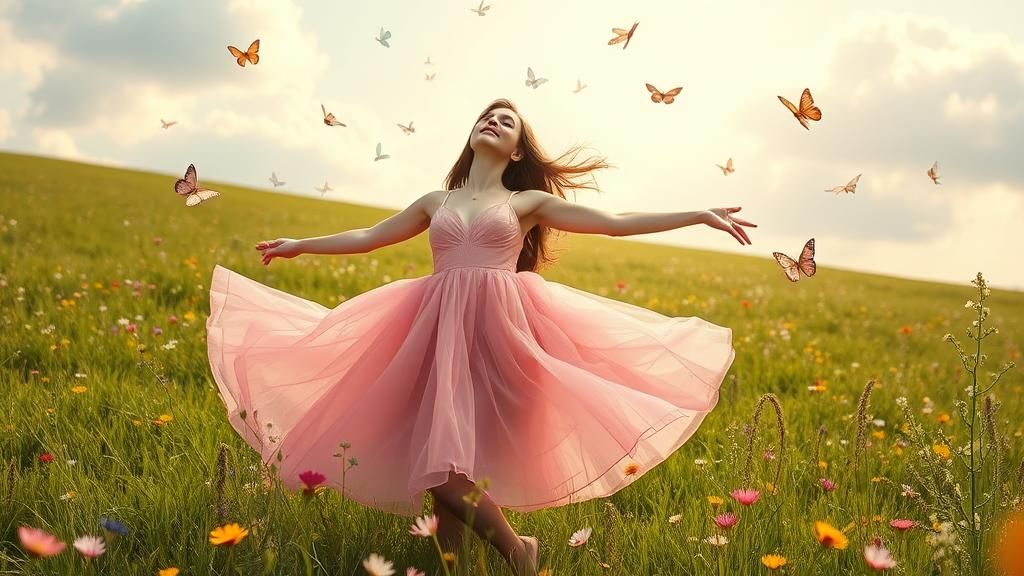Whimsical Woman Dancing in a Lush Meadow