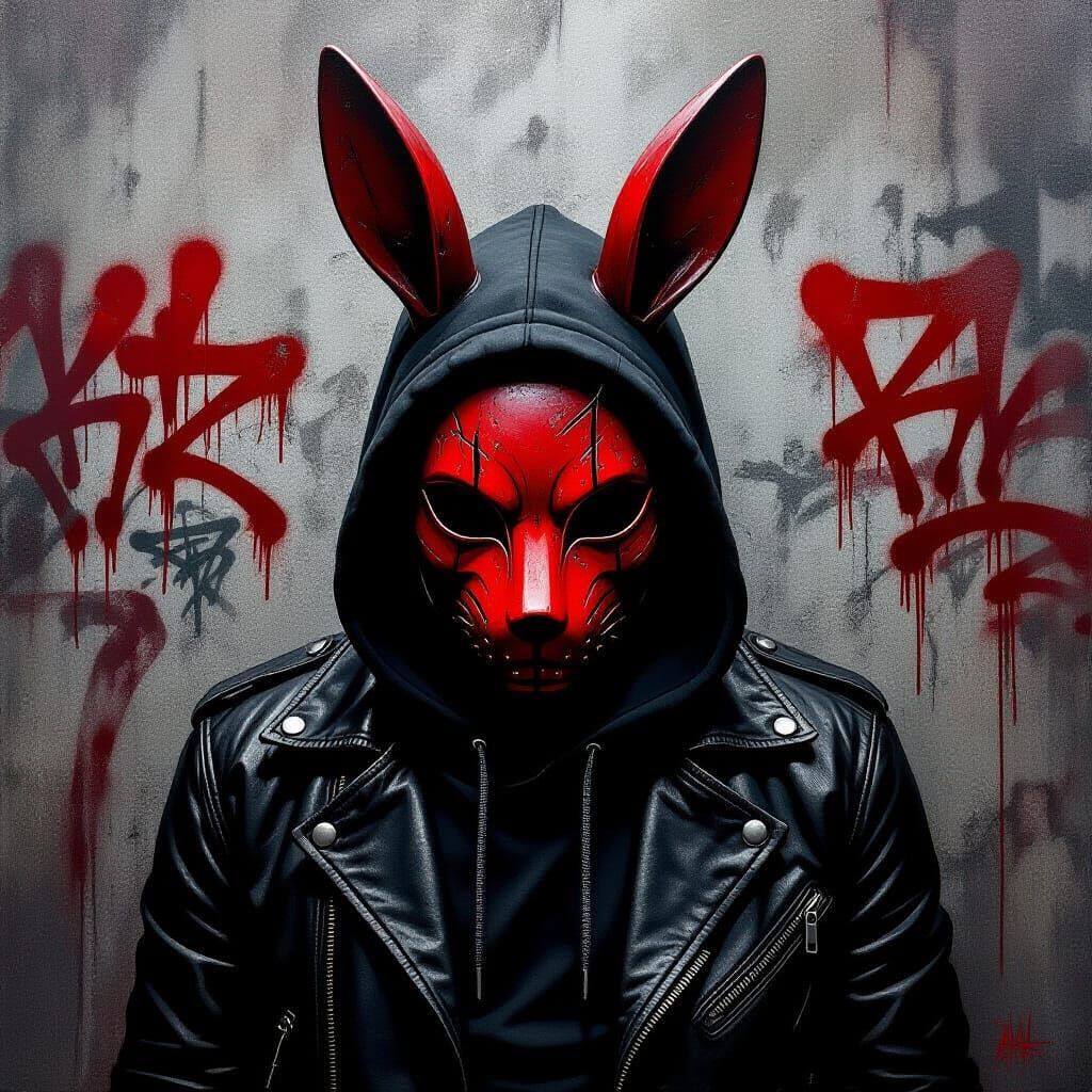 Dark Fantasy Rabbit Mask Figure in Urban Gritty Style