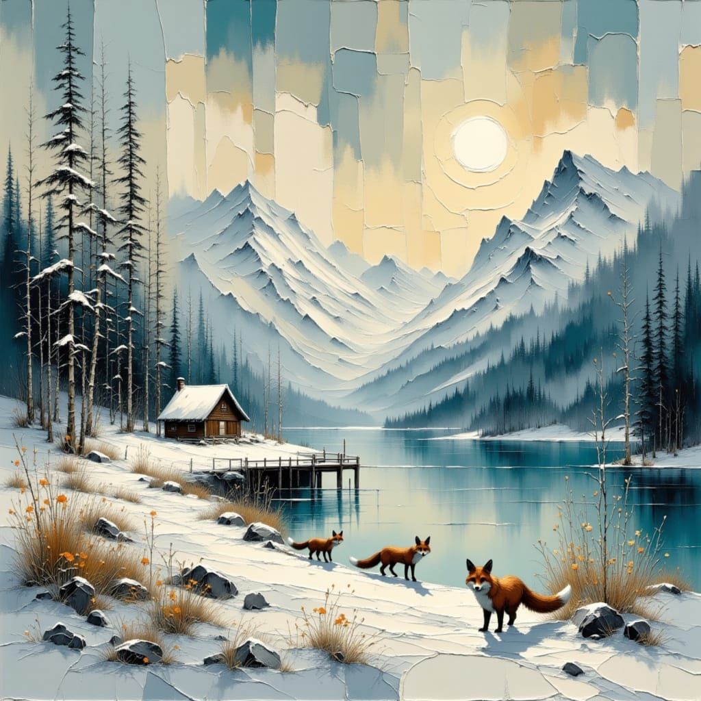 Alaskan Winter Landscape with River and Cabin in Bob Ross St...