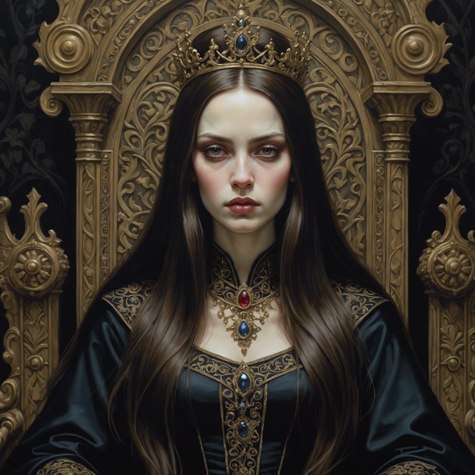 Ominous Princess Portrait with Pink Antlers as Dark Oil Pain...