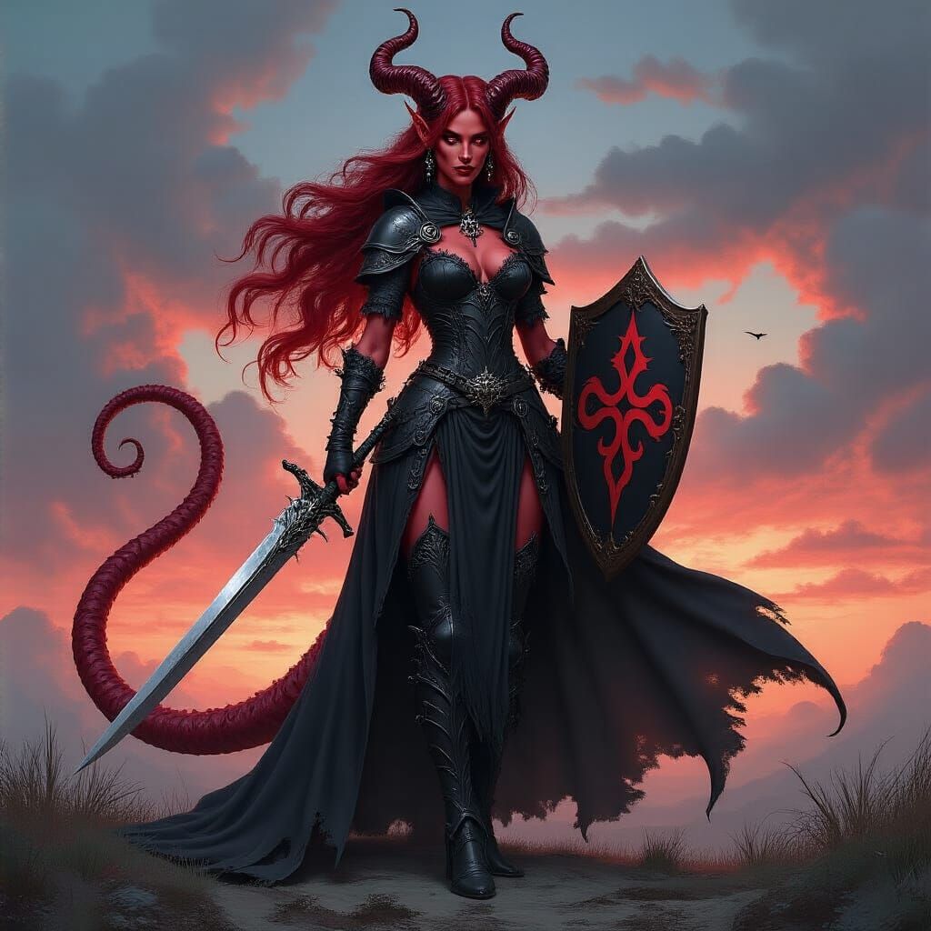 Female Tiefling Paladin in Dark Fantasy Concept Art Style