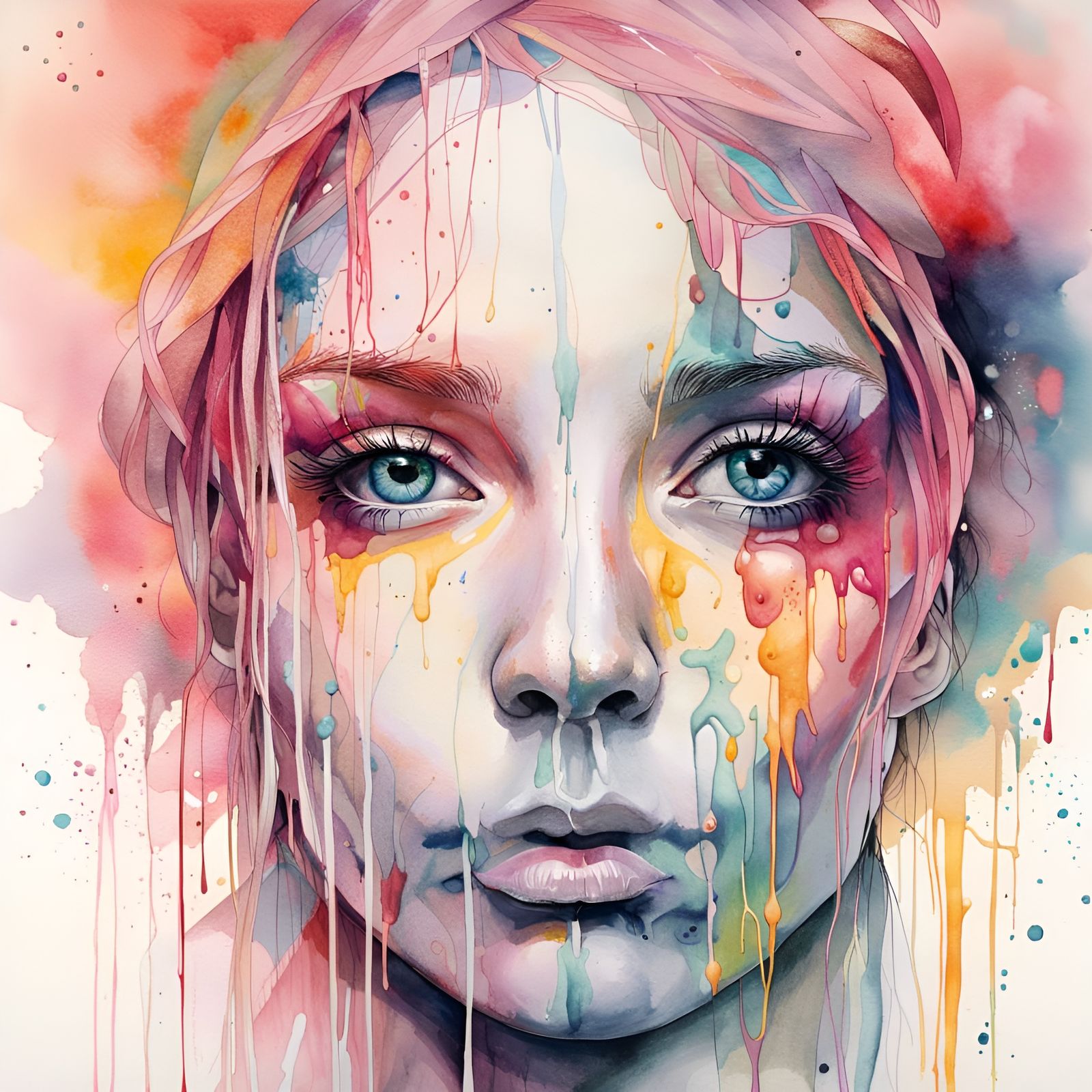 Luminous Goddess with Ink Drips in Watercolor Graffiti Style