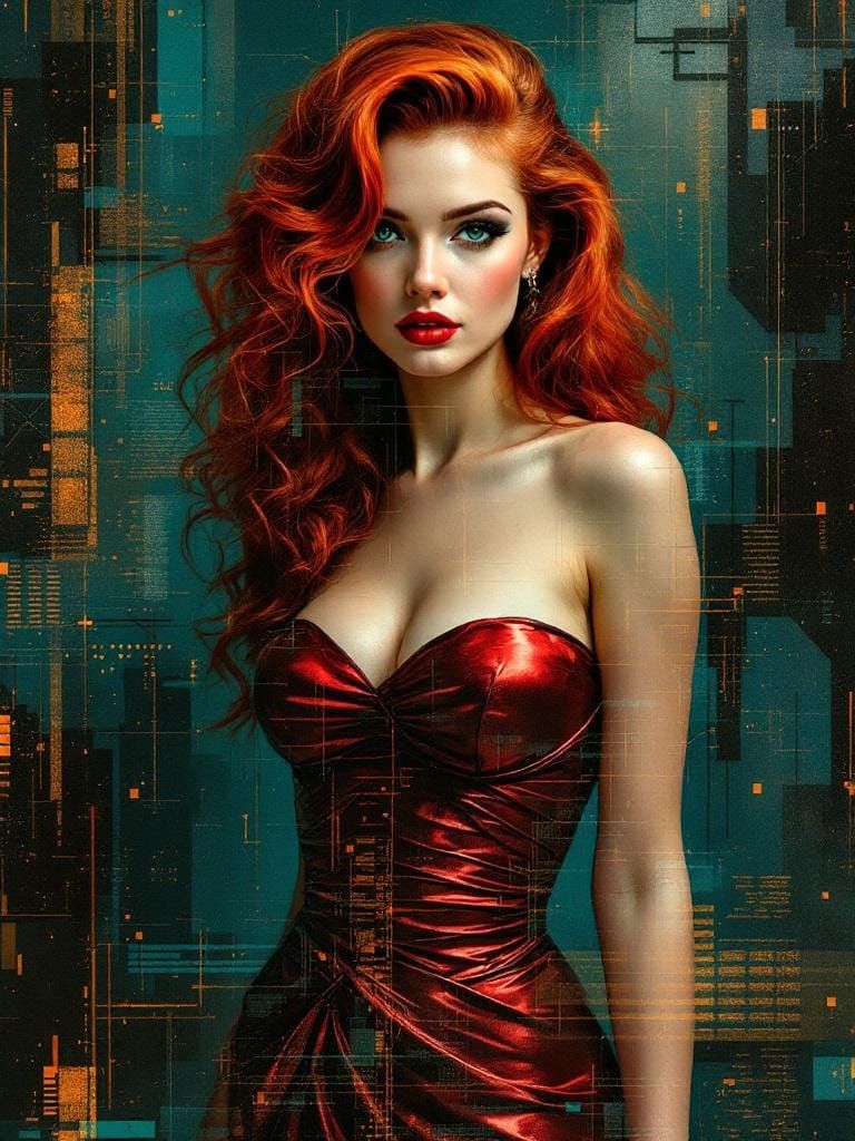 1950s Pin-Up with Glitch Art Overlay in Digital Style