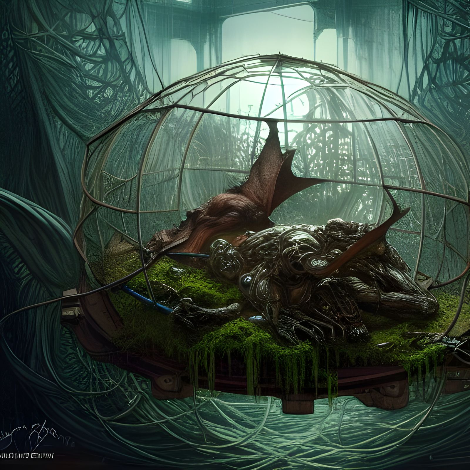 Intricate Scene Inside Floating Cubic Cage