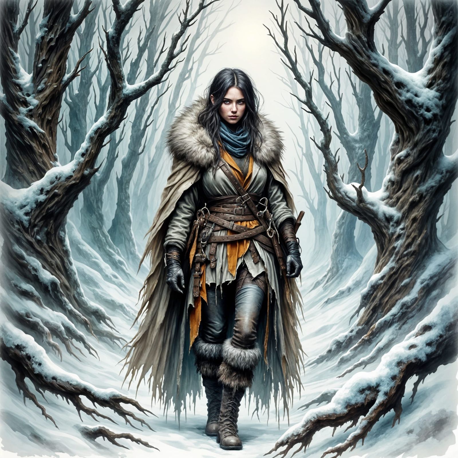 Mysterious Female Tracker in Frosty Landscape