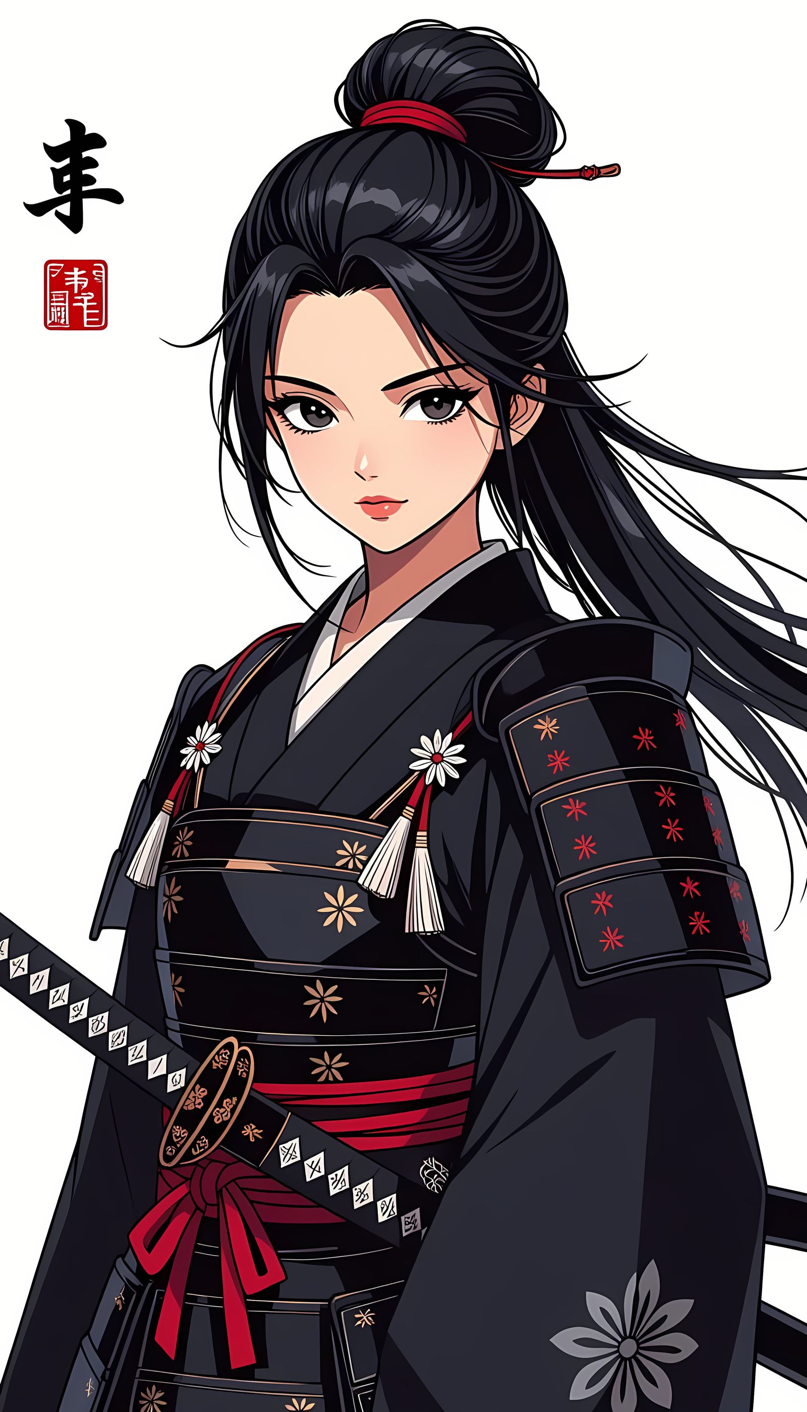 Samurai Girl in Black Attire on White Background