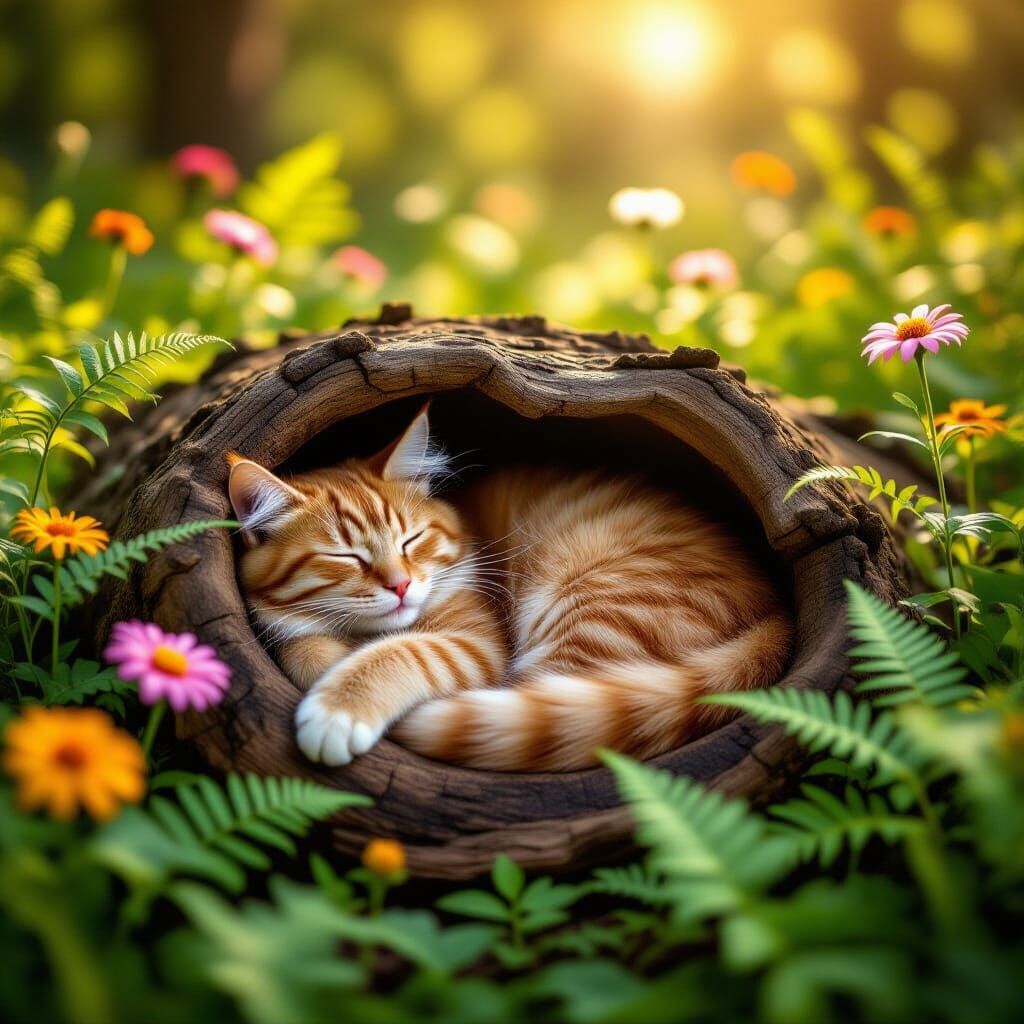 Ginger Cat Nap in Wildflower Log