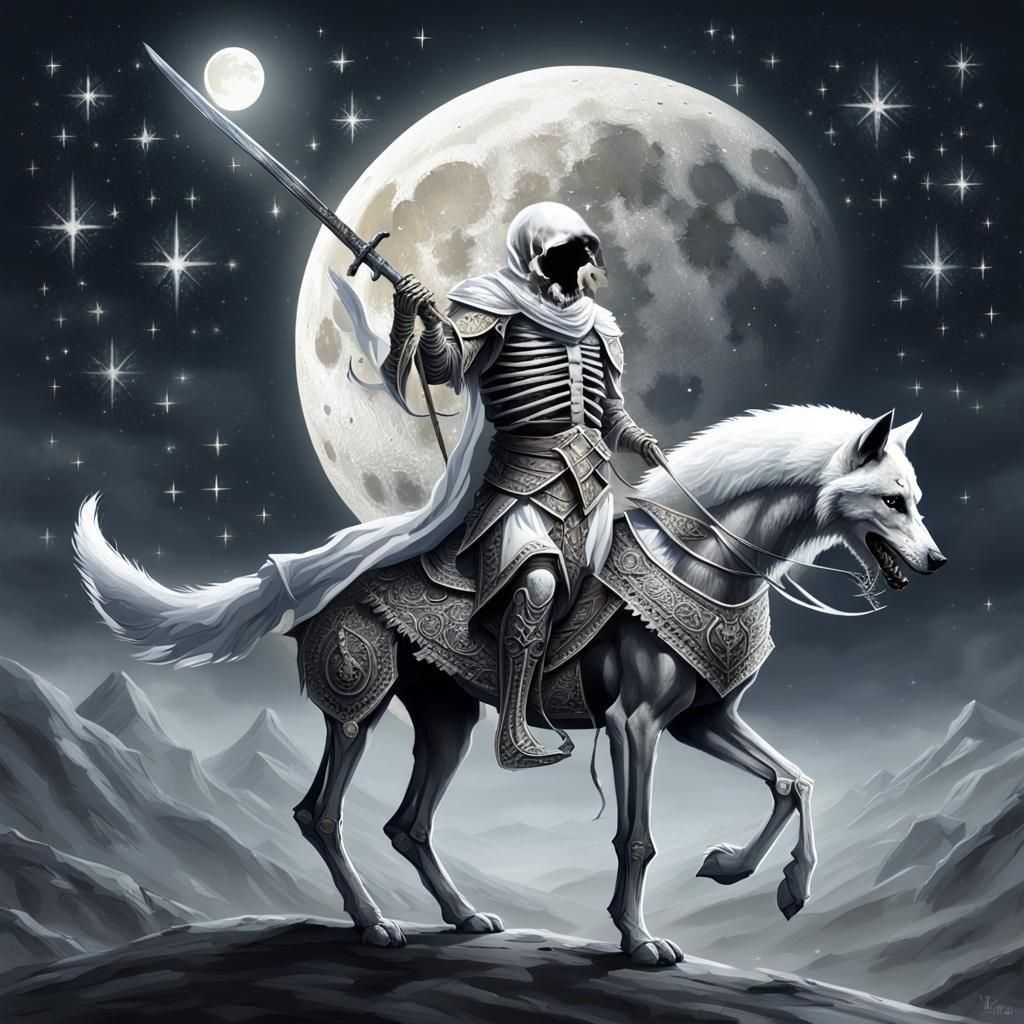 Majestic Armored Skeleton Rides Wolf Under Moon