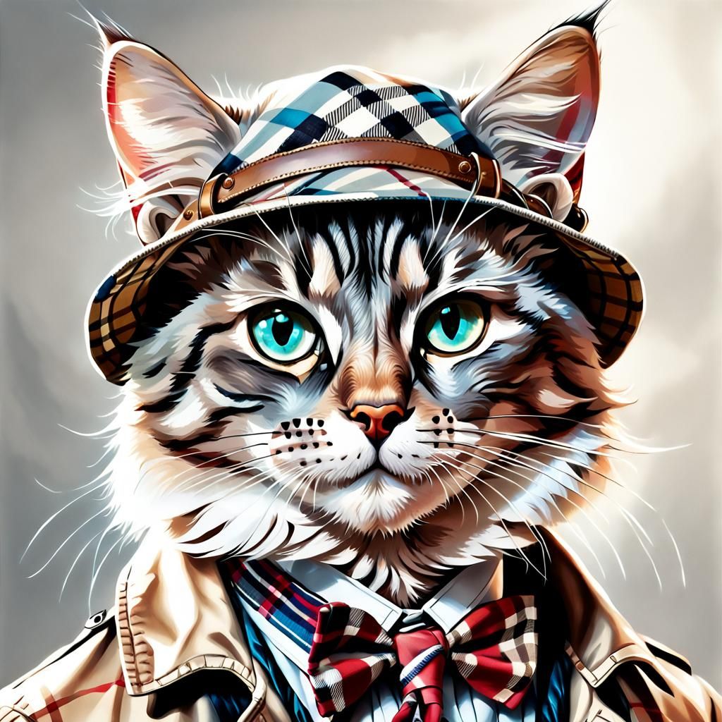 Hipster Cat in Burberry Check: Hyper-Realistic Portrait
