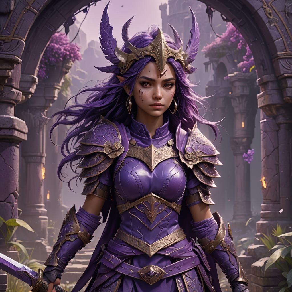 Shy Purple Warrior Girl: Detailed Fantasy Art