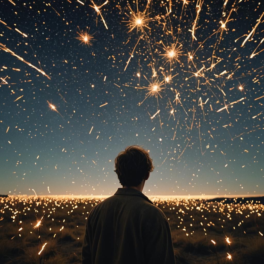 Person in Starry Landscape with Weaving Sparks