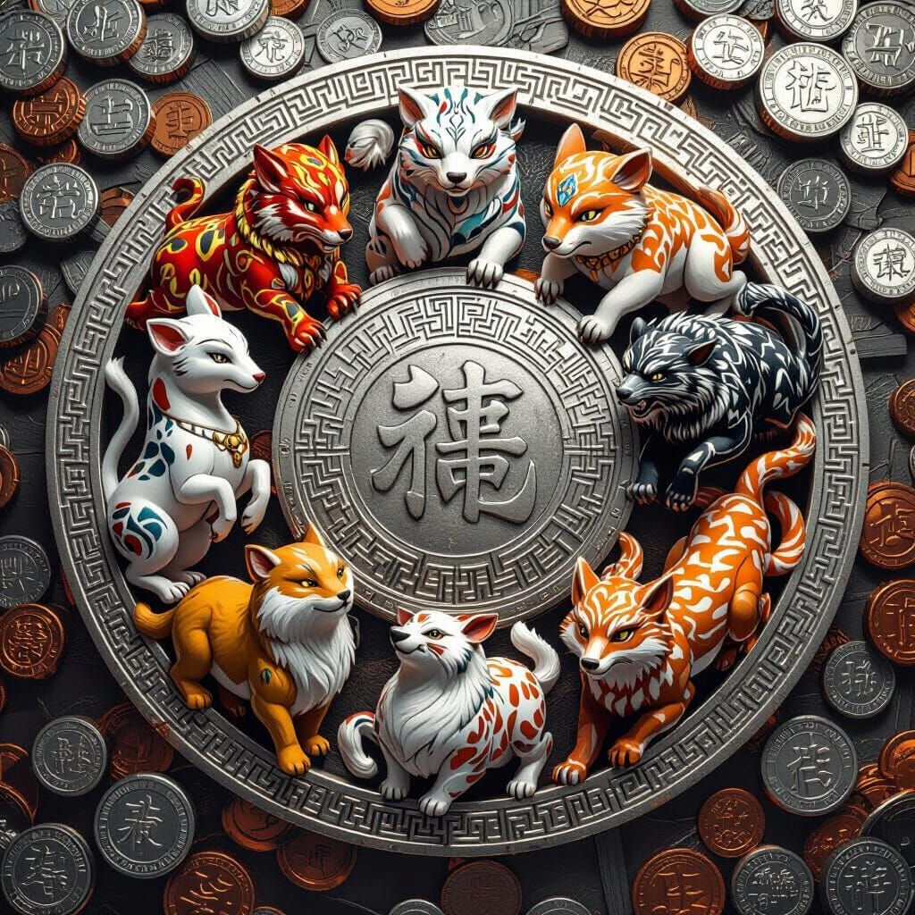 Zodiac Animals Emblem with Coins, Digital Art