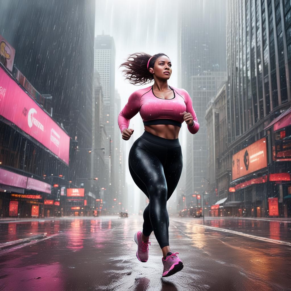 Curvy Woman Jogging in Rainy Chicago: Detailed Matte Paintin...