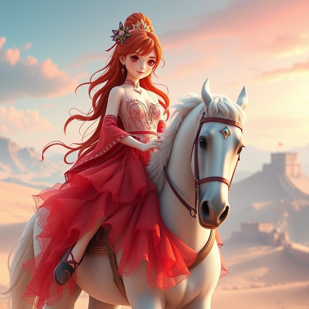 Anime Princess Rides Pastel Horse in Desert Landscape