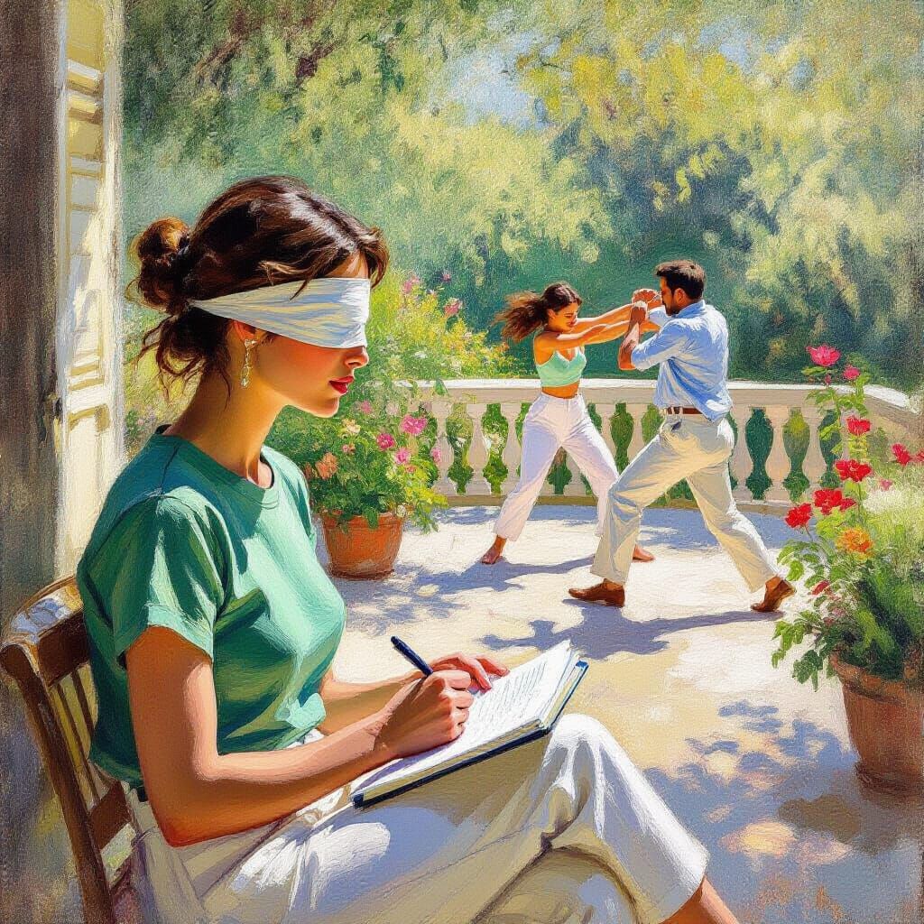 Woman Writing on Terrace, Impressionist Style
