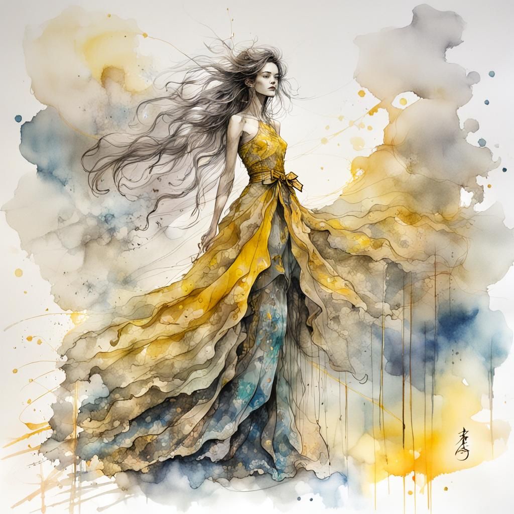 Woman in Bow Dress: Dreamlike Mixed Media Art