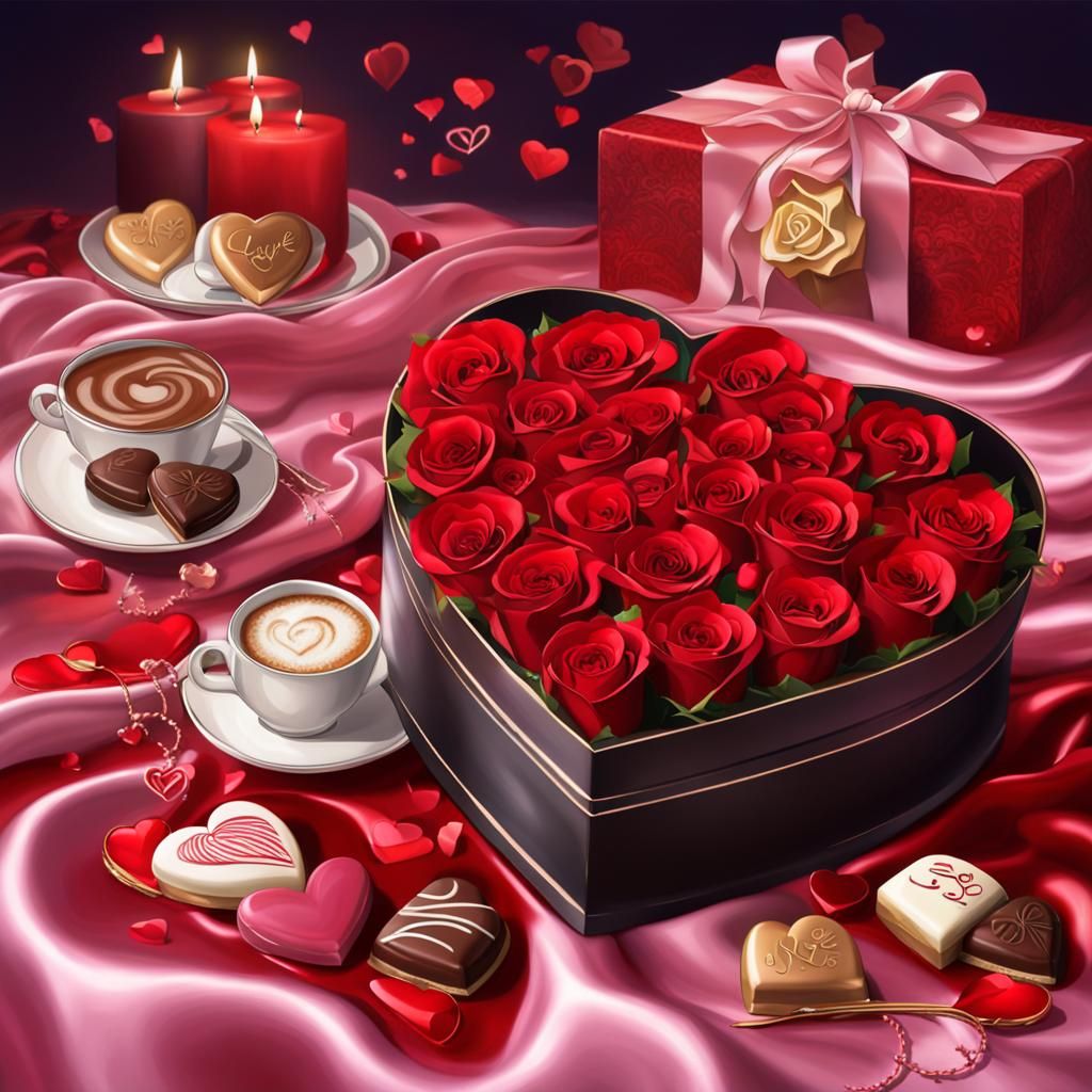 Heart-Shaped Chocolate Box with Roses: Valentine's Day