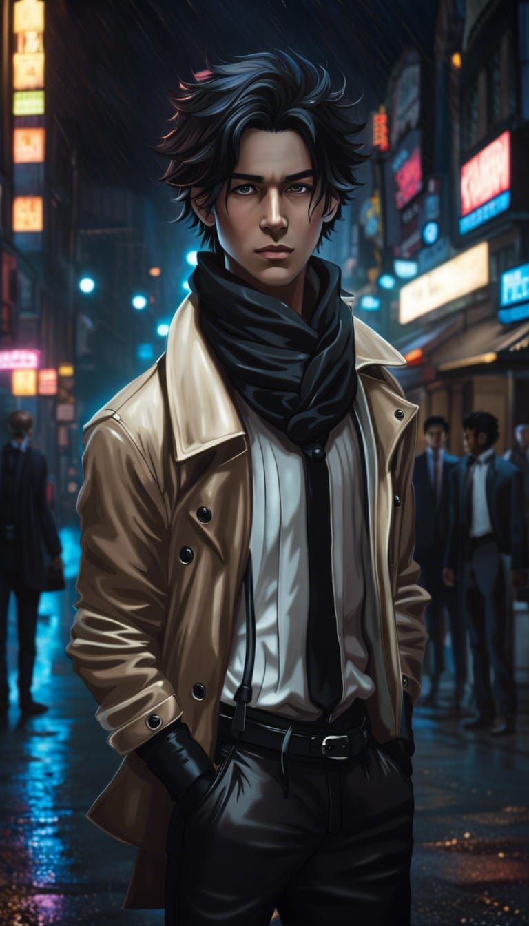 Emo Man in Gothic Style Against Rainy Cityscape