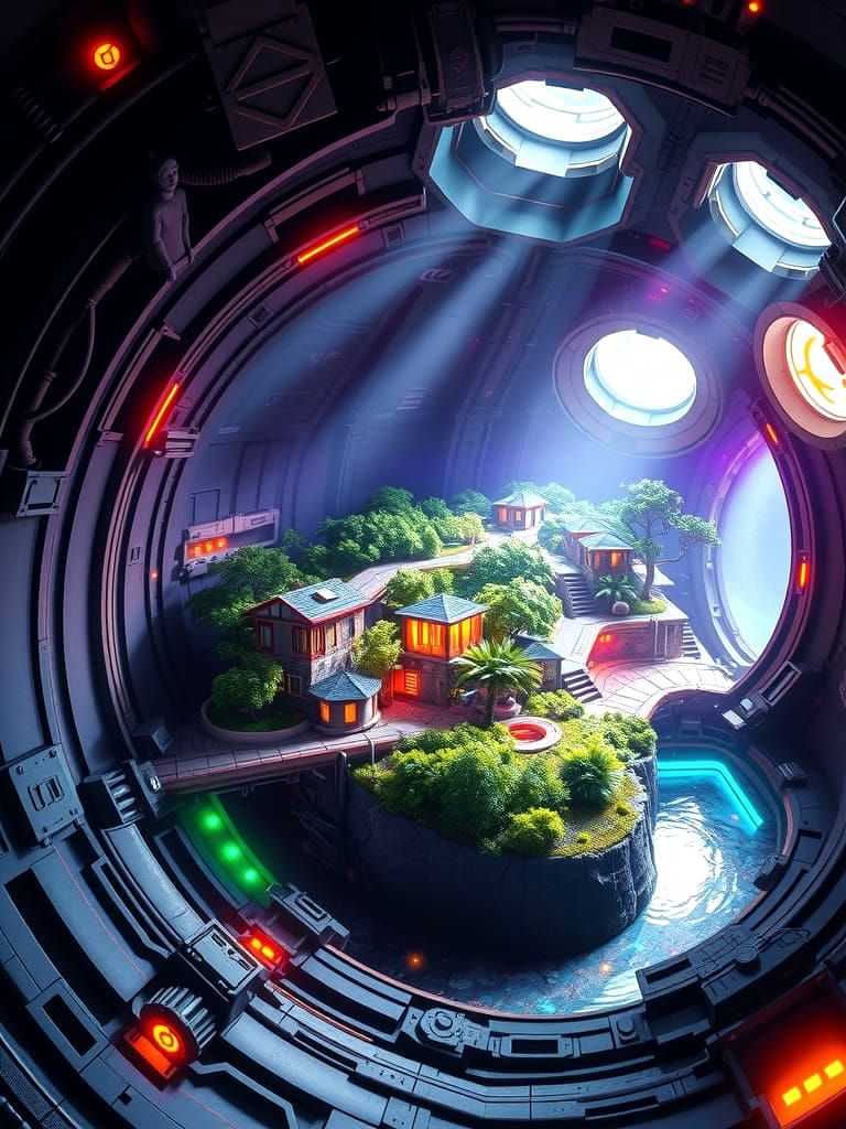 Lush Sci-Fi Neighborhood Inside Spaceship Ark