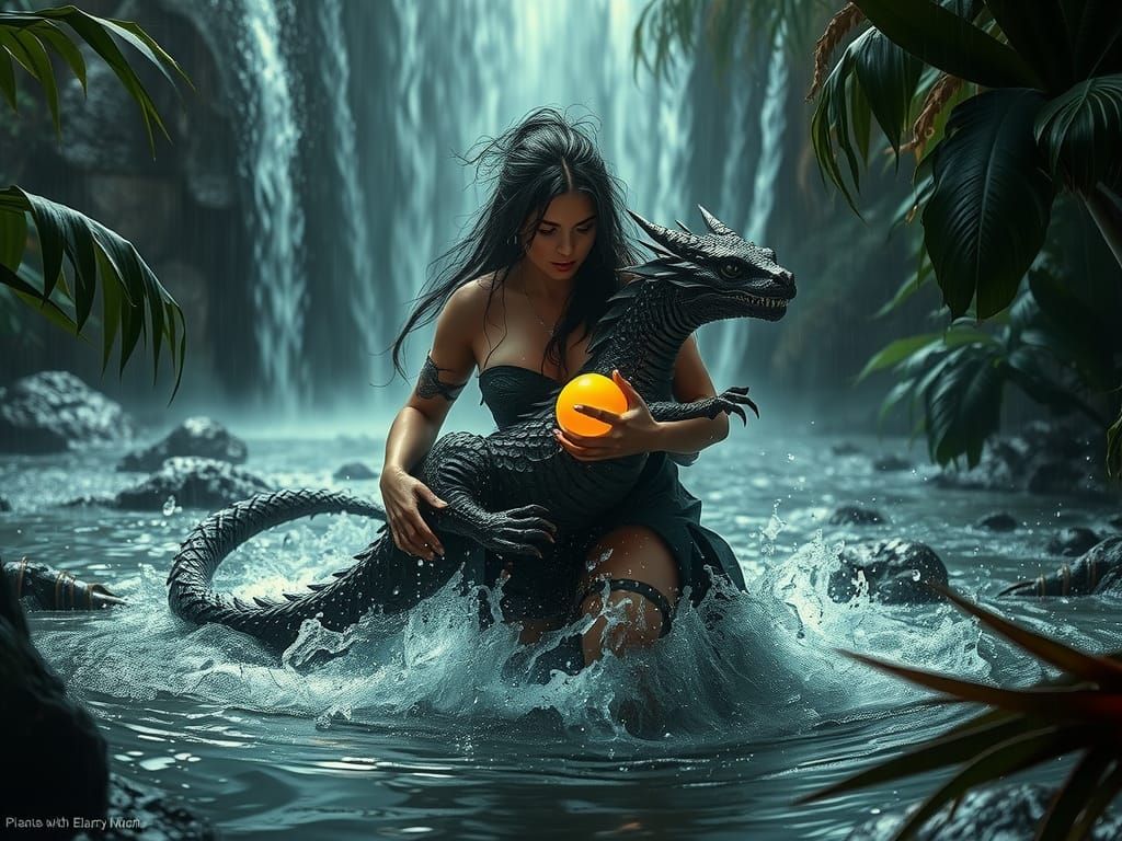 Gothic Pirate Woman with Dragon in Jungle Waterfall