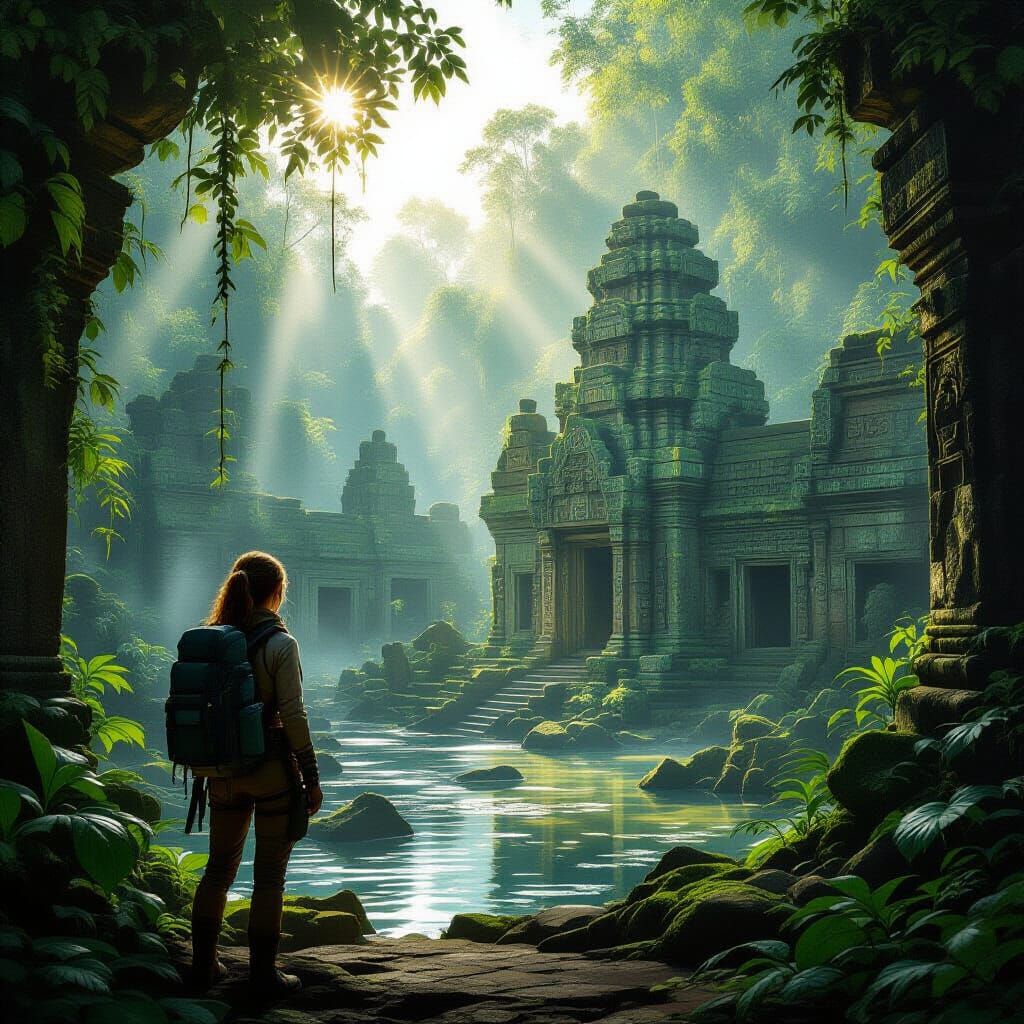 Explorer Discovers Sunlit Jungle Ruins in Golden Hour Light