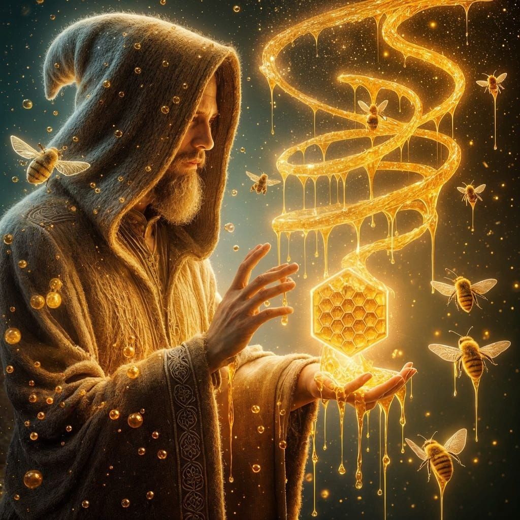 Mystical Honey Warlock Casting Spell in Golden Light