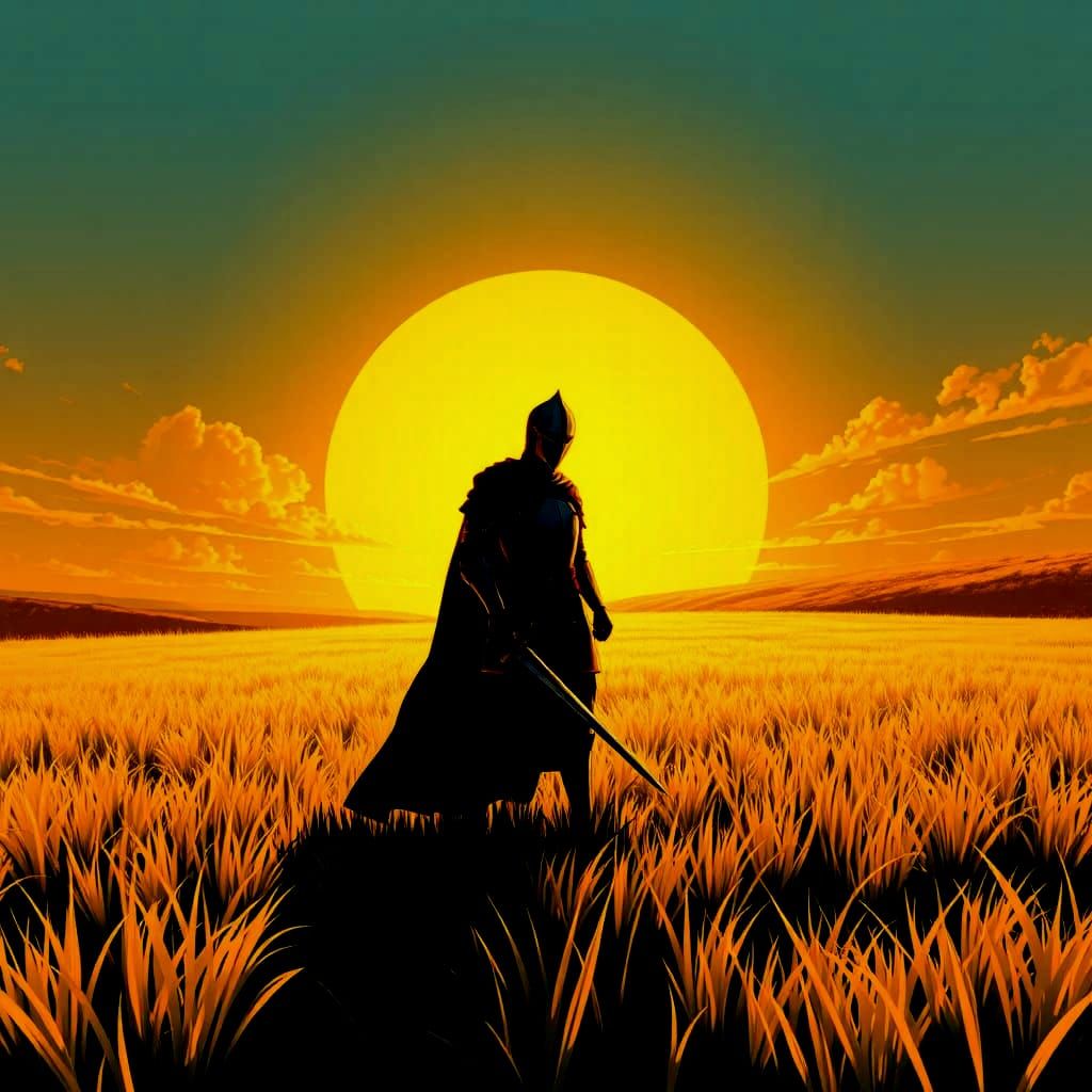 Circular Knight Silhouette in Sunny Field Anime Style