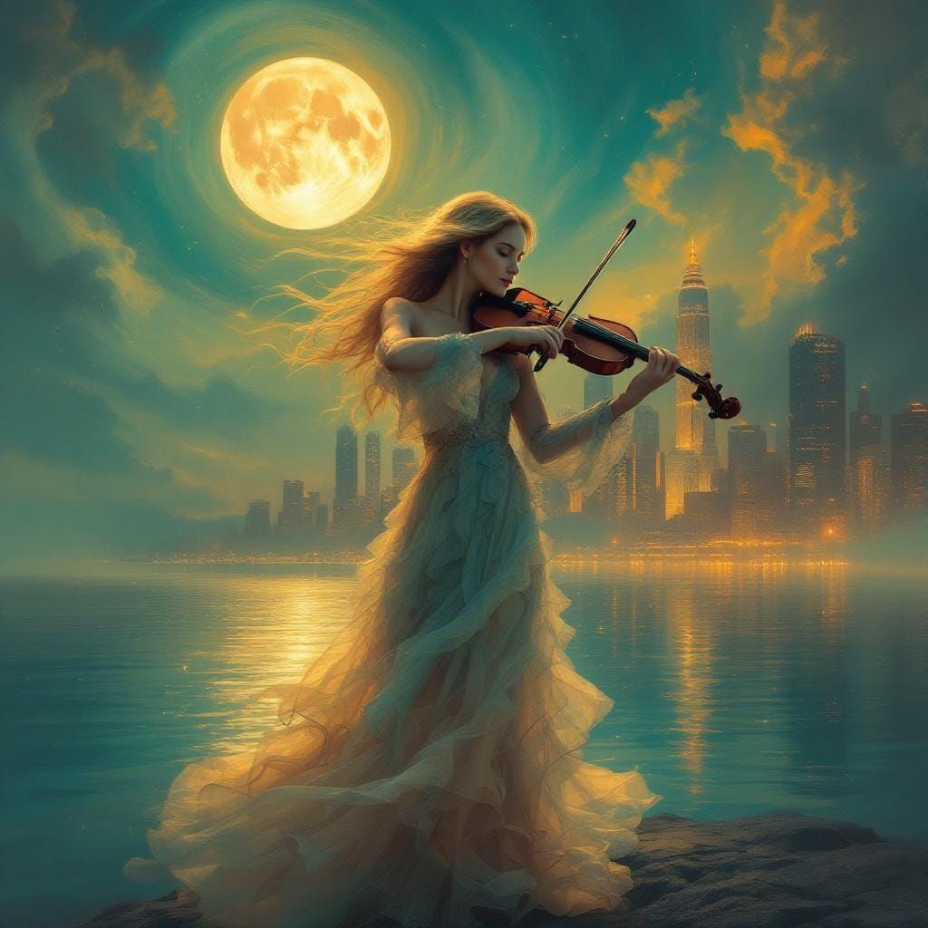 Moonlit Violinist in Dreamlike Cityscape