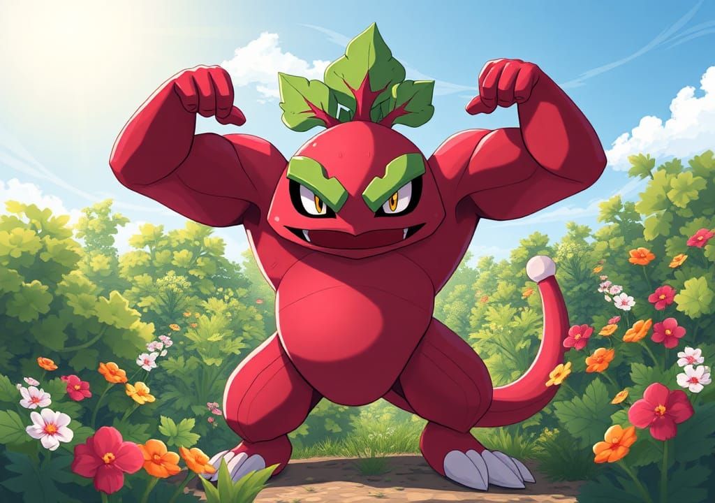 Beetroot Pokémon Flexing in Lush Garden