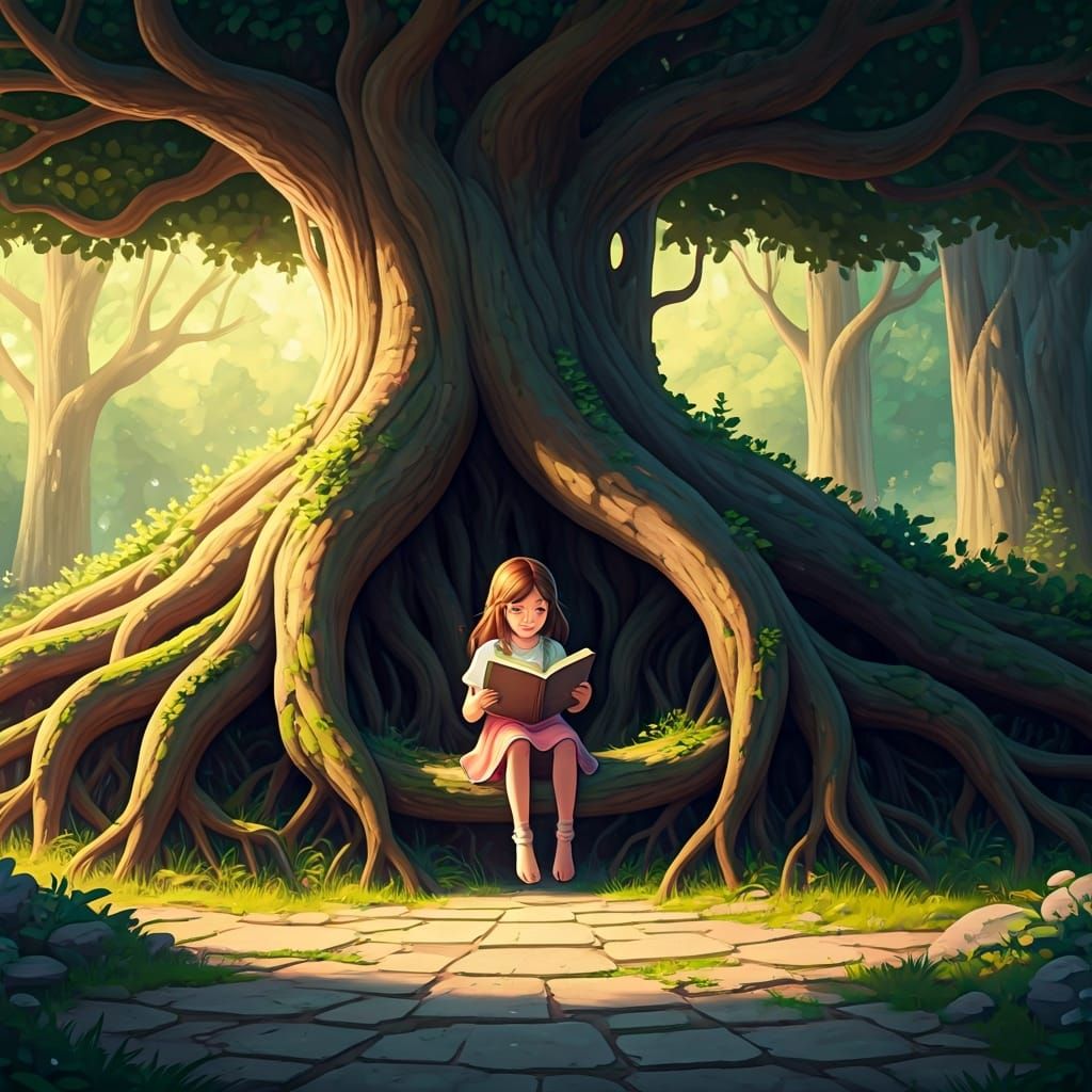 Girl Reading Under Ancient Tree, Whimsical Art