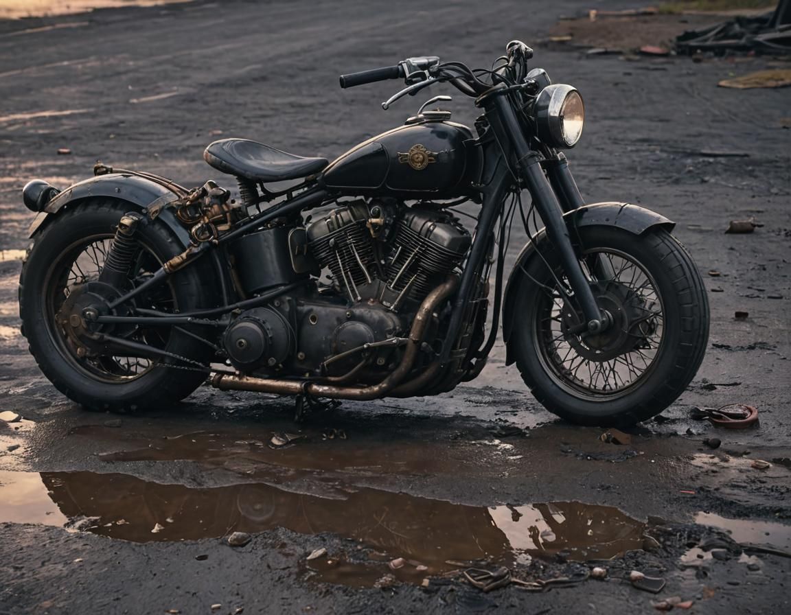 Dieselpunk Motorcycle in Stormy 1940s Setting