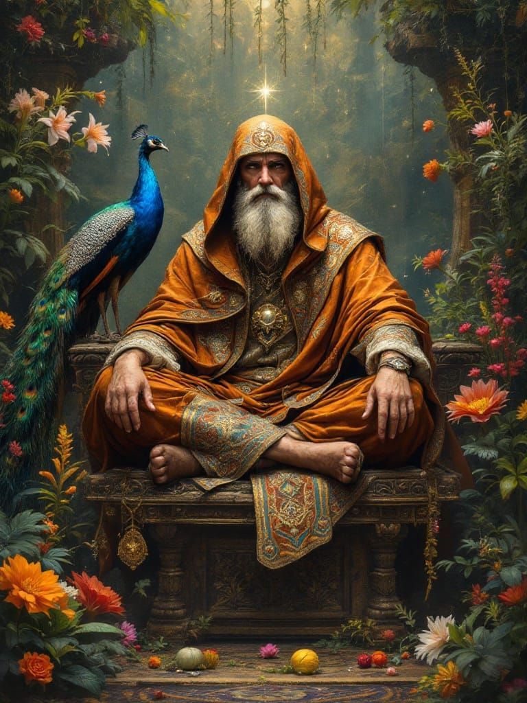 Regal Mystic Seeks Prophecy Amidst Lush Greenery and Majesti...