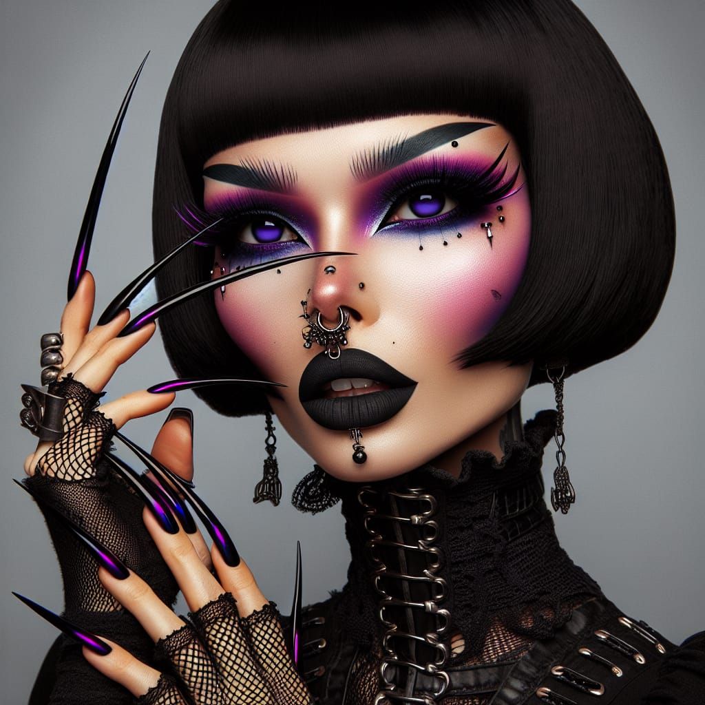 Edgy Woman with Long Nails and Neon Purple Lips