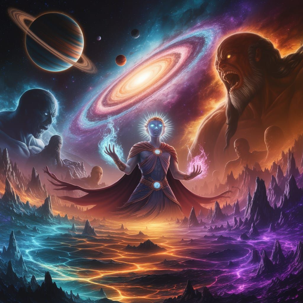 Majestic Cosmic Scene in Vibrant Mythic Style