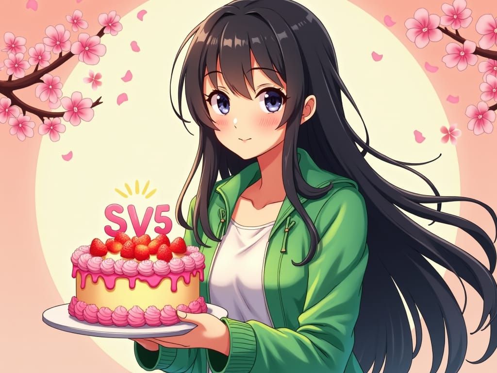 Anime Girl with Birthday Cake and Cherry Blossoms