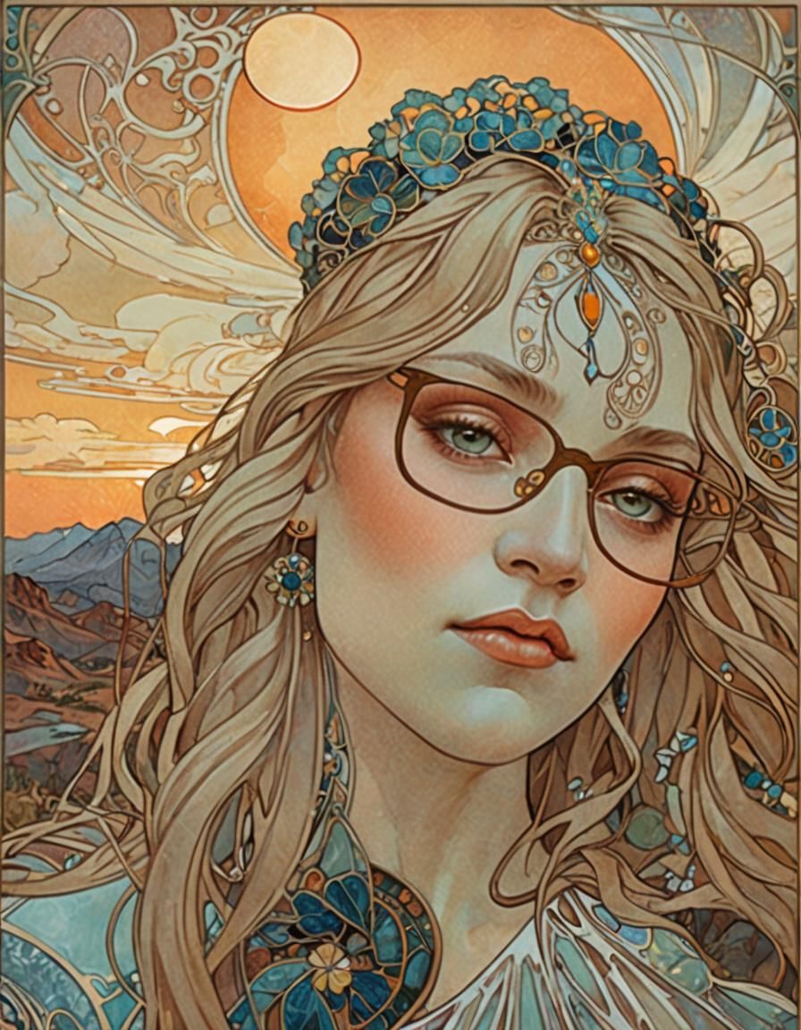 Art Nouveau Lady in Desert Sunset Gown