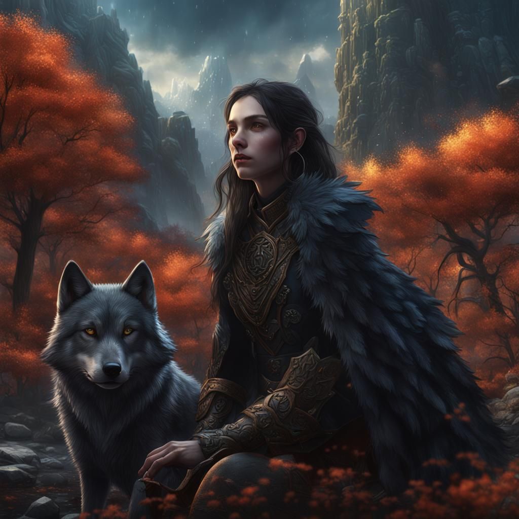 Girl and Black Wolf Fantasy Concept Art
