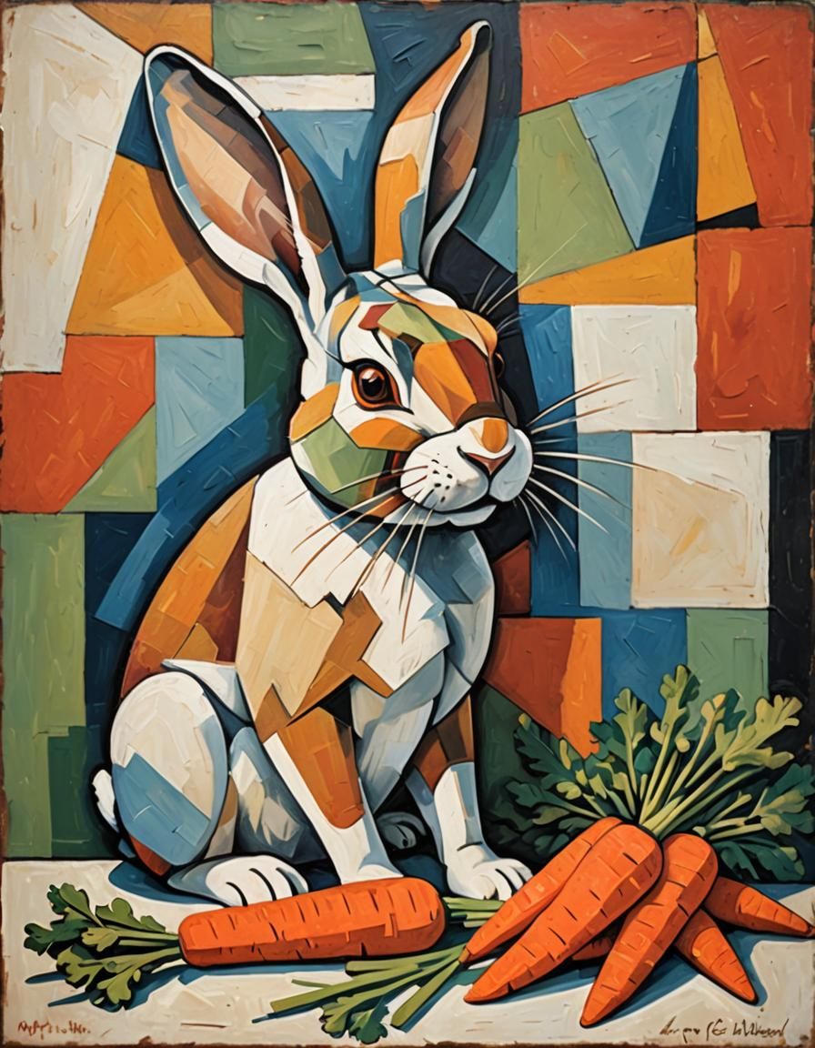 Cubist Rabbit Eating Carrots: A Geometric Feast