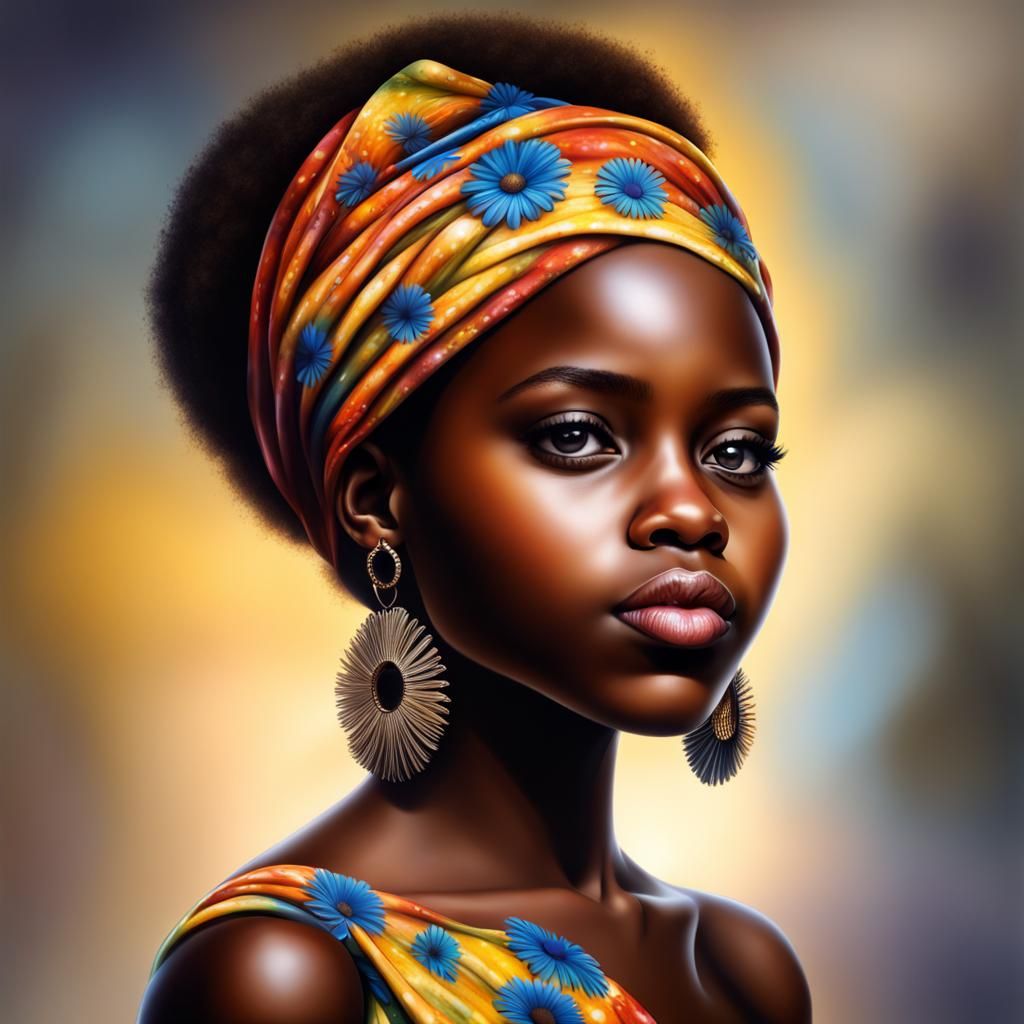 African Girl in Daisy Dress: Detailed Airbrush Art