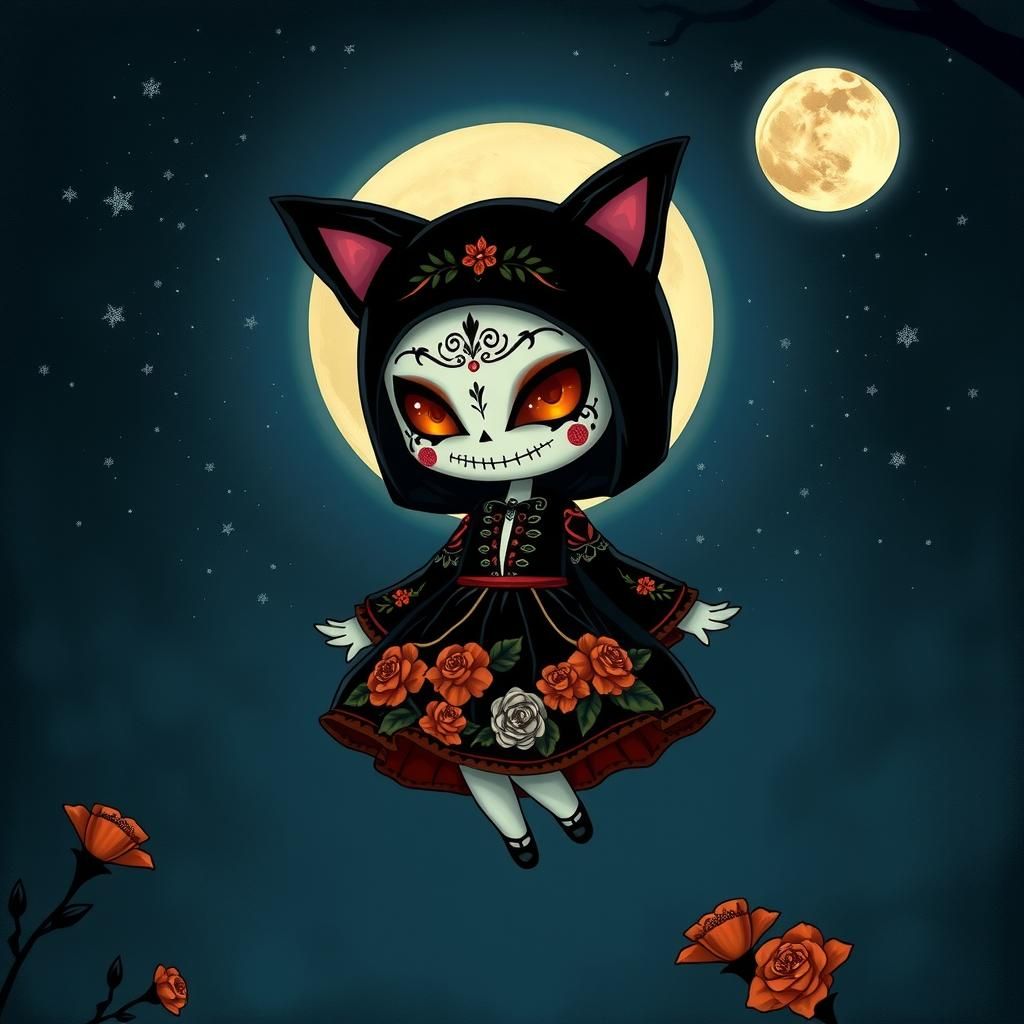 Chibi Ghost Girl in Dark Starry Night