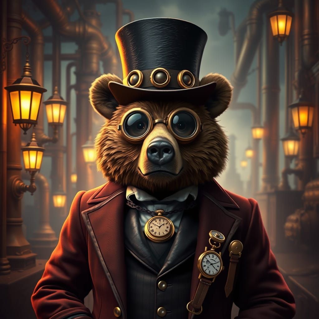 Steampunk Bear in Opulent Top Hat and Tailored Suit