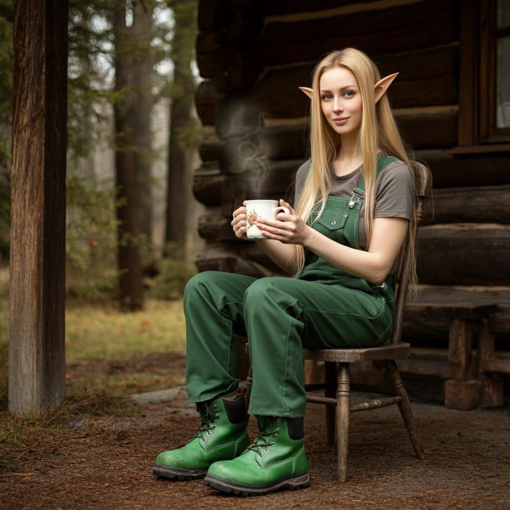 Female Elf Relaxing Outdoors in Rustic Fantasy Art