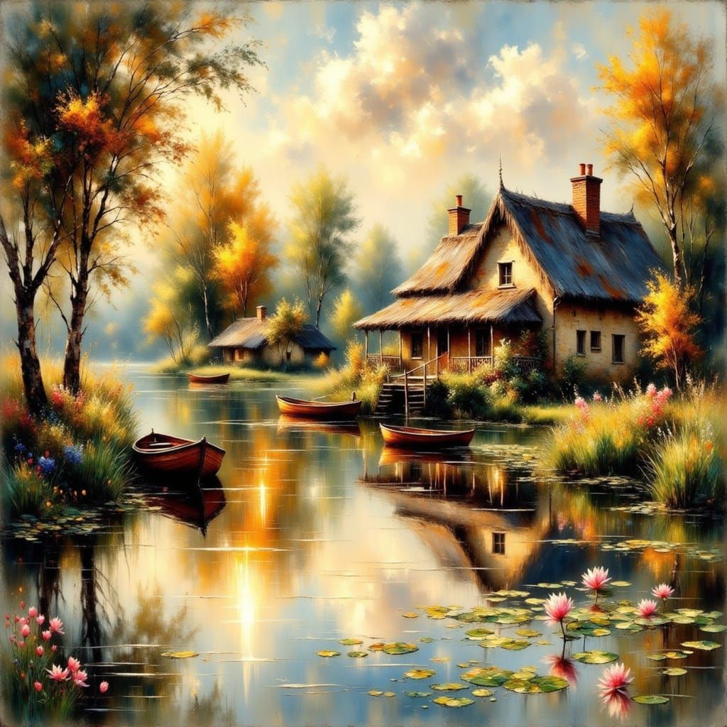 Idyllic Lakeside Cottages in Impressionist Style