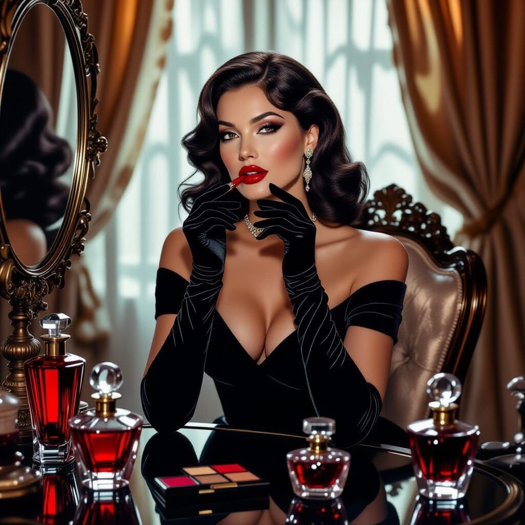 Glamorous Woman Applying Lipstick in Photorealistic Style