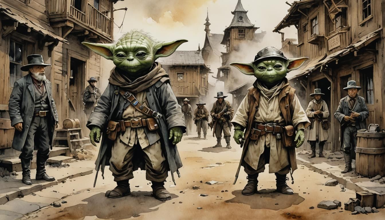 Grogu the Gunman in Watercolor Western Town