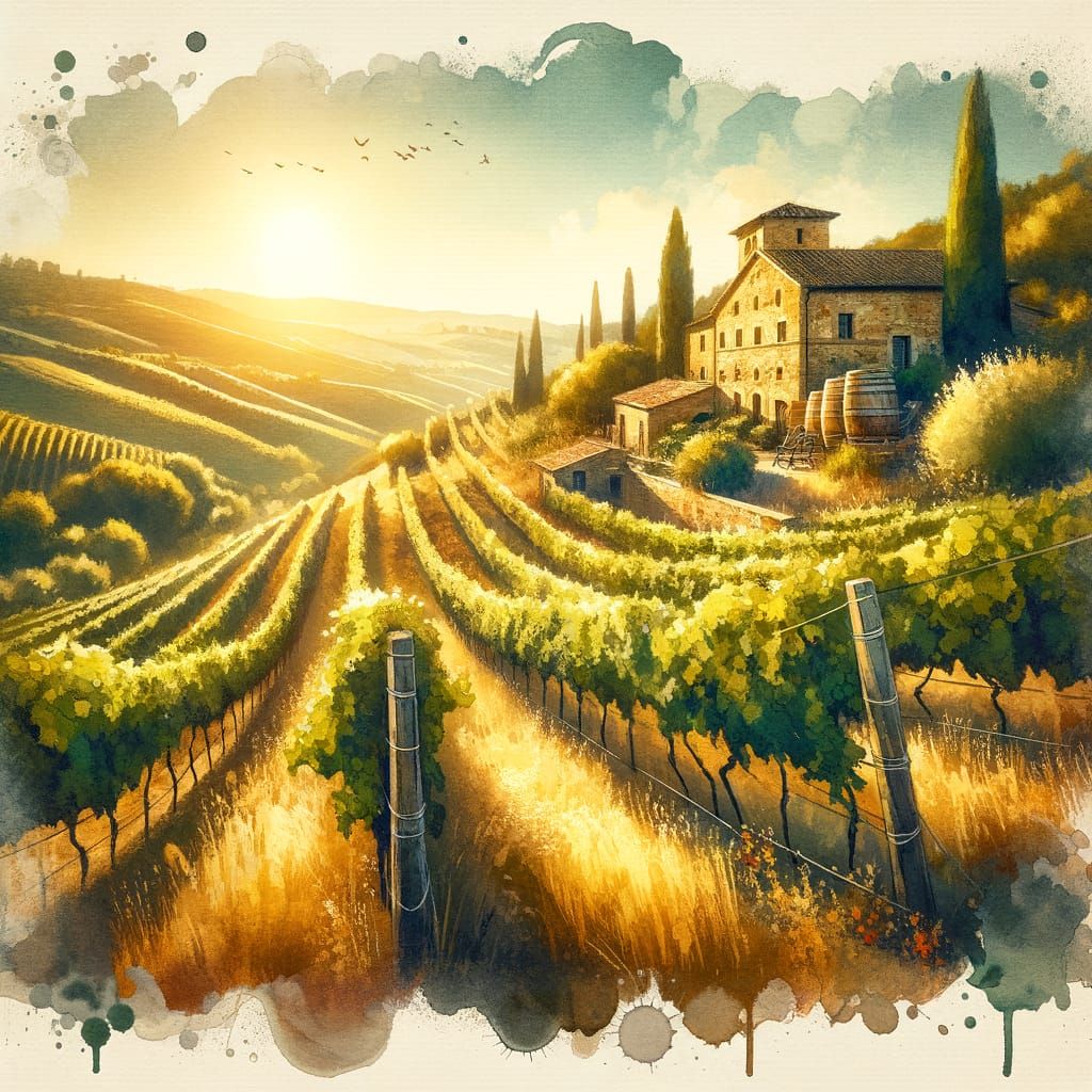 Tranquil Tuscan Vineyard in Golden Light: Watercolour Painti...