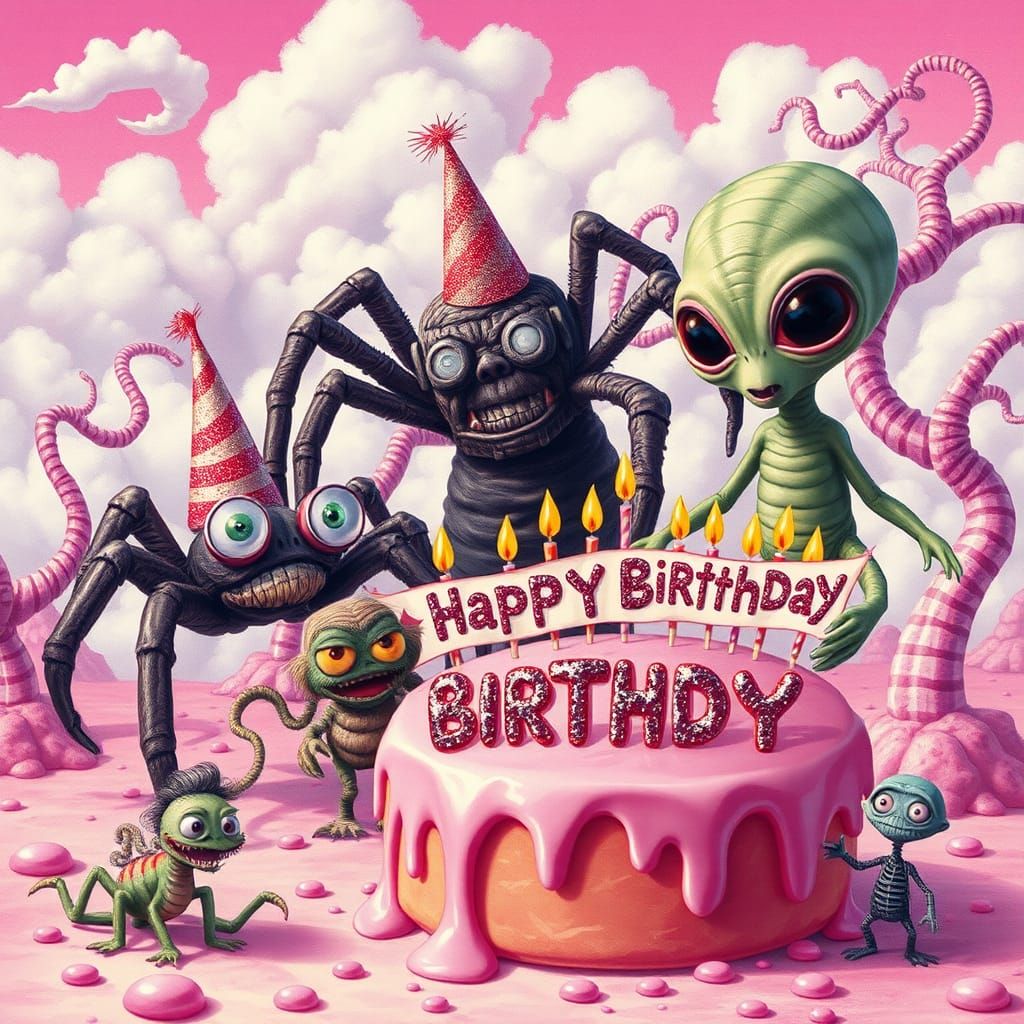 B-Movie Monsters Celebrate in Surreal Landscape