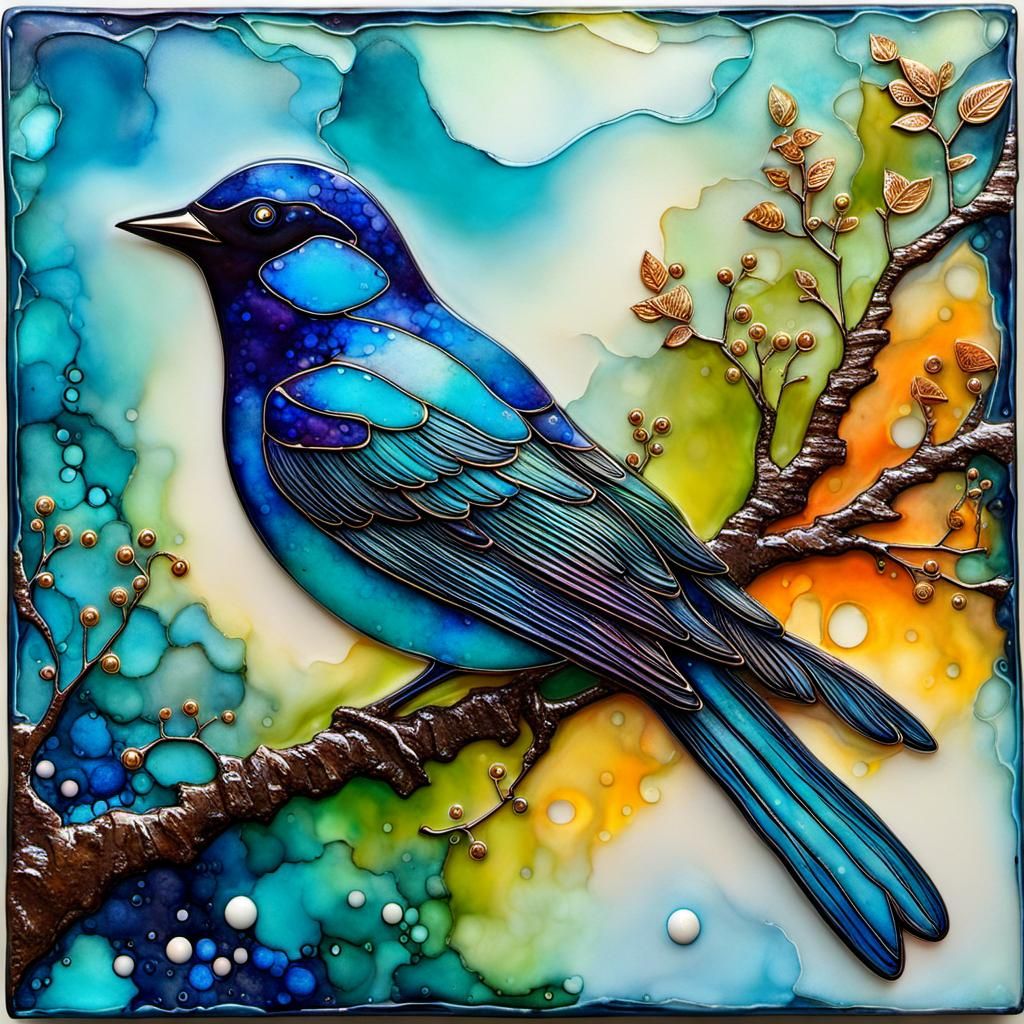 Encaustic Bird in Alcohol Ink Dreamscape
