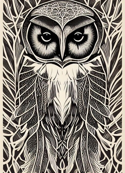 Ethereal Barn Owl Portrait in Lino Cut Style