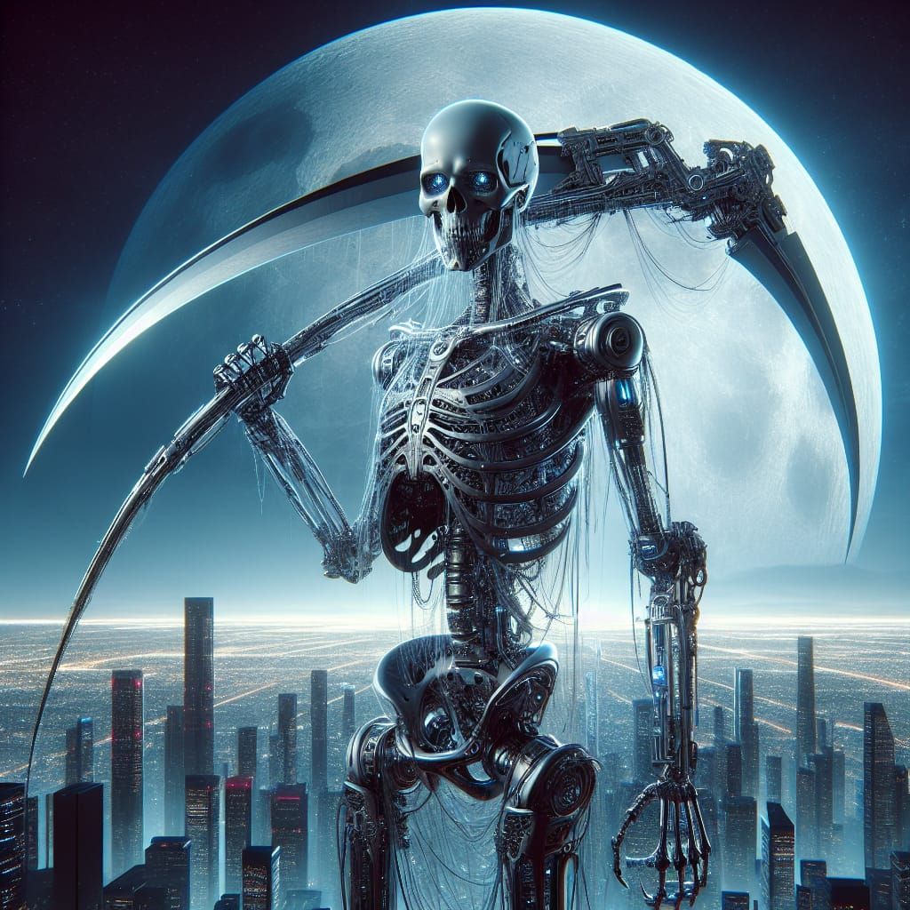 Cybernetic Grim Reaper Over City at Night